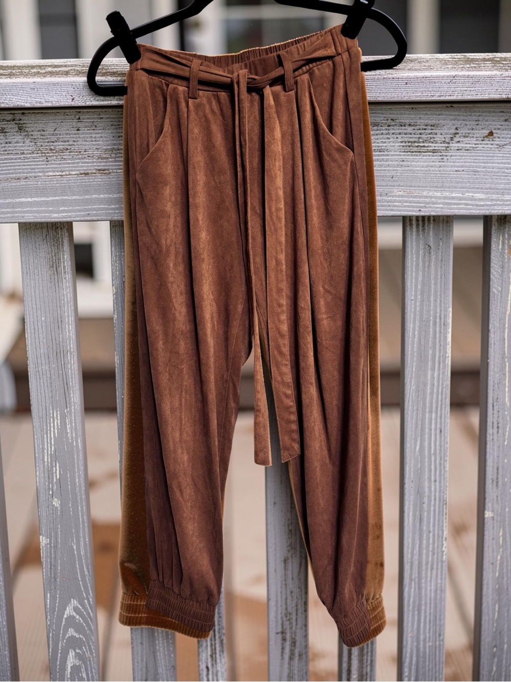 Blue Rain Brown Velour Jogger Pants with Fabric Belt at the Waist